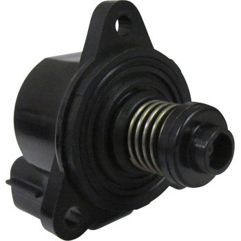 Close-up view of the Polaris Idle Air Control Valve by Moose Offroad—a black cylindrical part with mounting flanges and a coiled spring, designed as an OEM replacement for vehicle engines.