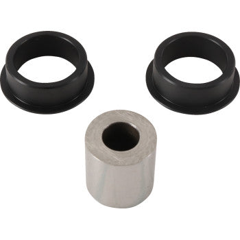 The Arctic Cat Shock Bearing Kit Front Upper & Lower, Back Upper by Moose Offroad includes a metal cylindrical spacer and two black plastic flanged bushings, shown on a white background for reliable shock bearing rebuilds.