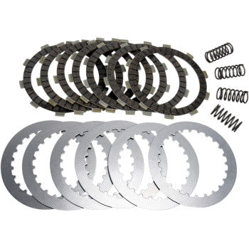 The Clutch Kit by Ebc is shown with several friction plates, steel plates, and clutch springs neatly arranged on a white background.