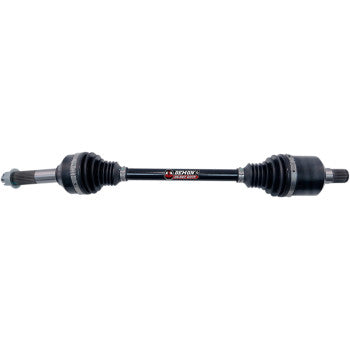 A Can Am Outlander / Renegade Heavy Duty Front Left Axle by Demon, black with rubber boots and metal fittings, is shown on a white background. The center displays the Demon logo, featuring high articulation CV joint technology for performance.