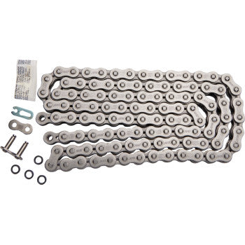 The 520 SRX2 Drive Chain 108 Links by Ek, in silver, comes with separate connecting links, pins, and washers—perfect as an OEM bike replacement. All components are shown laid flat on a white background.