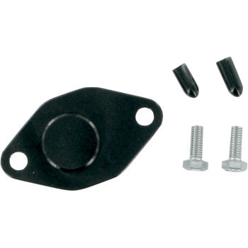 The Polaris Crank Case Block Off Plate by Wsm is a premium black metal plate with two screw holes, includes two hex bolts and two small black caps, all displayed on a white background.