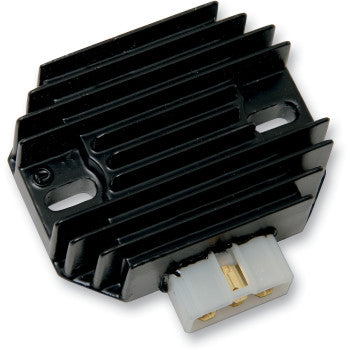 The Kawasaki Regulator / Rectifier by Rick's Motorsport Electric is a black, rectangular unit with cooling fins, two mounting holes, and a white bottom connector—perfect for replacement applications.