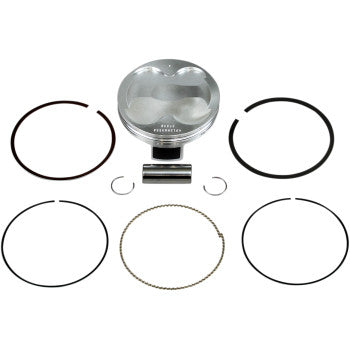 Suzuki Piston Kit 95.50 mm by Wiseco: includes a silver forged piston, piston rings, wrist pin, and retaining clips—all displayed on a white background. Ideal for upgrading your performance engine with quality 4-stroke components.