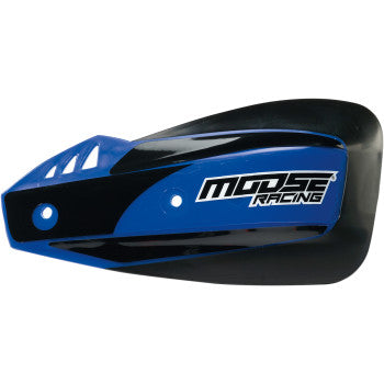 The Podium Handshields Replacement Blue by Moose Offroad features blue and black plastic shields with white Moose Racing text, designed for off-road motorcycles or ATVs as ideal replacement handguards or for use with compatible mounts.