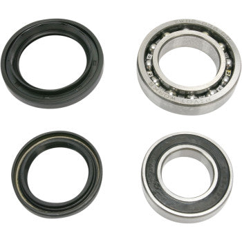 The image displays the Yamaha Kodiak/Yamaha Wolverine Wheel Bearing Kit Rear by Pivot Works: two rubber oil seals (top left and bottom left) and two double-sealed ball bearings (top right and bottom right) on a plain white background.