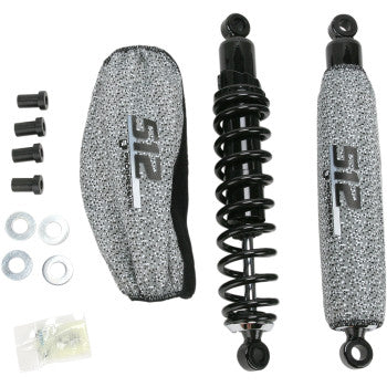Black coil spring rear shocks with silver speckled protective sleeves and mounting hardware set.