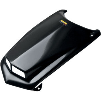 A glossy black Scooped Hood with Number Plate by Maier, made of high-density polyethylene, features angular edges and a small yellow Maier logo near the top center.