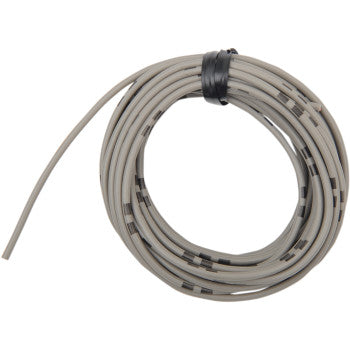 The 13' Wire Spool 14A 12V Gray by Shindy features OEM color gray, black markings, and ratings along its coiled length. Secured with a black band, the wire has one end extended outward.