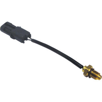 The Polaris Oil Temperature Sensor by Quad Logic features a brass threaded end, is connected to a black wire, and includes a black plastic electrical connector.