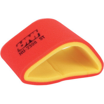 A red and yellow, curved two-stage Kawasaki Air Filter by Uni Filter, featuring a hollow shape and "NU-2398 ST" printed in black on the side.