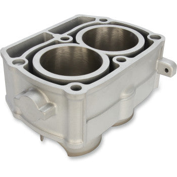 The Polaris Cylinder 80.00 mm by Cylinder Works is a silver OEM engine block with two round cylinder bores, multiple mount points, and a direct bolt-on design, displayed on a white background.