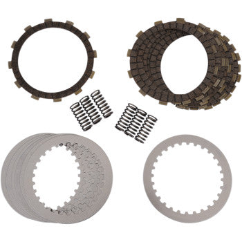The Clutch Kit by Ebc features multiple heavy-duty friction plates, steel plates, and clutch springs, all arranged neatly on a white background.