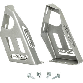 Silver metal triangular brackets with Eibach logo cutout, four small silver bolts included.