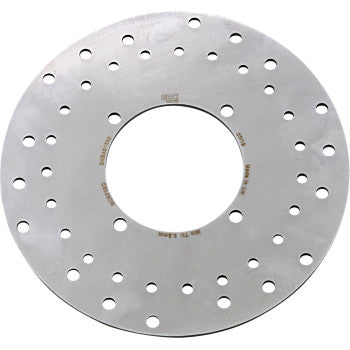 The Polaris ATV UTV Brake Rotor by Ebc is a durable steel round disc featuring a large central hole and multiple evenly spaced scraper holes arranged in circular patterns.