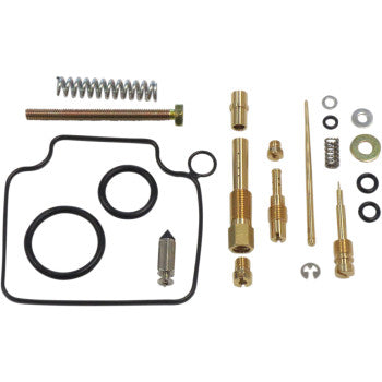 The Honda Carburetor Repair Kit by Shindy includes gaskets, O-rings, float valves, springs, brass jets, screws, washers, and jet needle sets, all neatly arranged on a white background.