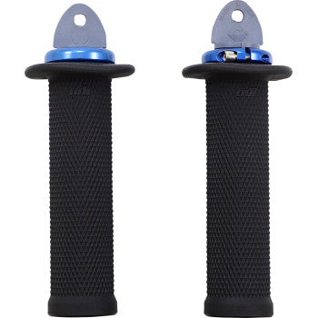 The ATV Ruffian PWC Grips Black / Blue by Odi feature black textured grips with blue metal end caps and gray tabs, secured by ODI V2.1 Lock-Jaw Clamps for a reliable Lock-On Grip System, displayed upright against a white background.