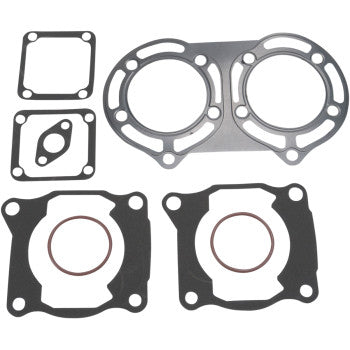 A Yamaha Top End Gasket Kit 66.50 mm by Cometic features black and silver engine gaskets, including MLS head gaskets with circular sections and red rings, all arranged neatly on a white background.