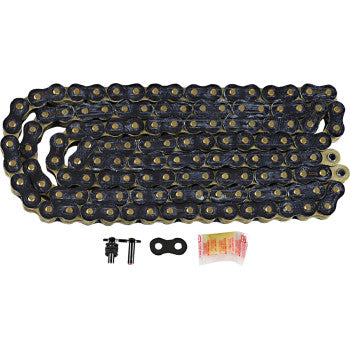 The 525 Max Z Drive Chain 130 Links Black & Gold by Rk, featuring an RX-ring, connecting link, metal parts, and lubricant, is perfect for high-horsepower street bikes requiring superior tensile strength.