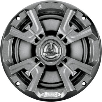 Close-up view of a Jensen 6.5" Speaker with Tweeter Universal featuring a metallic design, black cone, and silver accents around the center and edges.