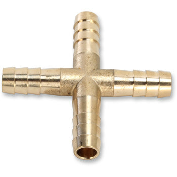 The Helix Hose Splicer 4 Way 3/8 is a brass cross-shaped connector with barbed ends, ideal for joining flexible hoses in fuel or air lines.
