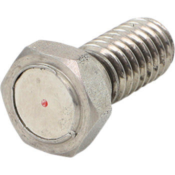 A close-up of the Speed Sensor Magnet Bolt 5/16 18 x 7/8 L by Koso North America, featuring a metal hex head with a partially threaded shaft and a small red dot sensor for rotor alignment.