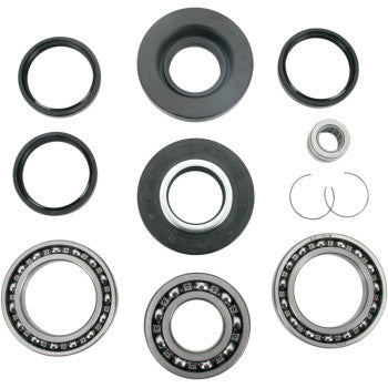The Honda Differential Bearing Seal Kit Rear by Moose Offroad features EMQ bearings, TC rubber seals, and retaining rings arranged neatly on a white background.