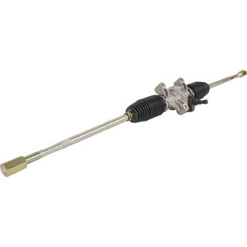 The Steering Rack by Moose Offroad is a metal automotive assembly with black rubber boots and visible tie-rod ends on both sides, plus a central mounting section, shown isolated on a white background.