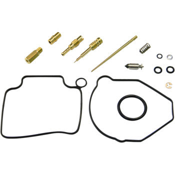 The Honda Carburetor Repair Kit by Shindy includes black rubber gaskets, brass jet needle sets, float valves, metal springs, and O-rings, all displayed on a white background.
