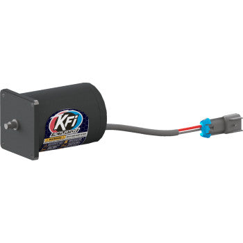 A black cylindrical Actuator Motor by Kfi Products with a metal mounting plate, attached wire, and blue electrical connector for use with KFI Tubes is shown on a white background.