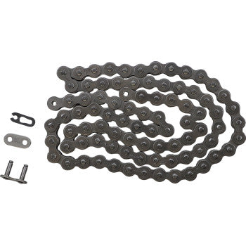 The 420 Standard Drive Chain 86 Links by Did, made from alloy steel, is arranged in a zigzag pattern with a master link and two small connecting pins to its left.