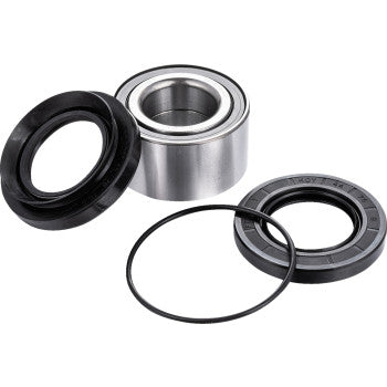 The Honda TRX Wheel Bearing Kit Rear by Factory Links, featuring a metal waterproof ball bearing with rubber seal, a circular rubber gasket, and an O-ring, is displayed on a white background.