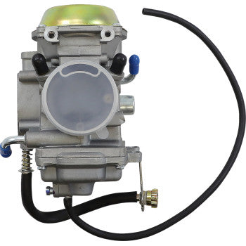 Silver metal Arctic Cat replacement carburetor with attached black fuel hose and brass adjustment screw.