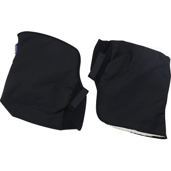 Black durable fabric snow paw covers with adjustable straps and soft white fleece lining.