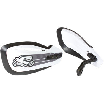 The Moto Hand Guards White by Renthal feature a bold logo and geometric design in black and white, offering lightweight plastic protection; shown from front and rear angles against a white background.