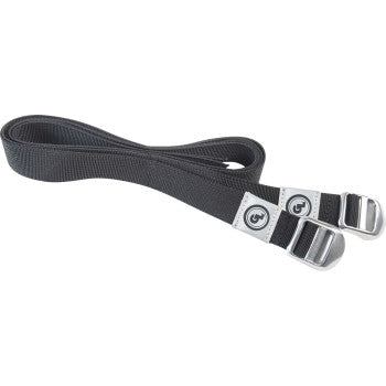 A pair of Cinch Straps by Giant Loop, made from black nylon webbing with silver metal buckles and gray branded labels, coiled together on a white background.