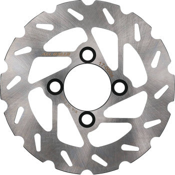 A close-up of the Yamaha Brake Rotor by All Balls, made of stainless steel with a round shape, multiple cooling cutouts, and five mounting holes around the center.