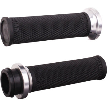 A pair of Indian Ruffian Lock-On Grips - TBW - Black / Silver by Odi, featuring black textured cylinders with silver metal ends, displayed from multiple angles on a white background.