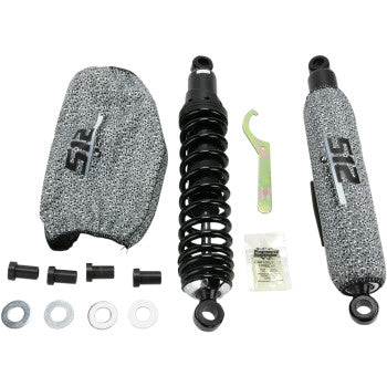 Black coil-over front shock with matching gray protective covers, mounting hardware, and adjustment wrench.