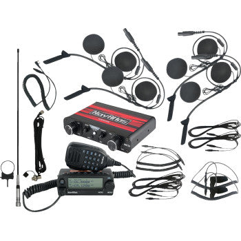 The Intercom Radio and In Helmet Headset Kit 4 Seat Black by Navatlas includes dual band radios, in-helmet and handheld microphones, speakers, antennas, cables, and mounting accessories—everything needed for clear intercom communication.