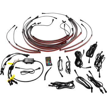 The Underglow Kit 12 PC by Moose Offroad features ultra-bright COB LED strip lights, wiring, connectors, remote control, control box, and various cables—all neatly displayed on a white background.