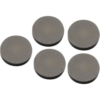Five round, flat, gray metal Valve Shim 9.48 mm x 1.70 mm discs by Prox are arranged on a white background. Each precision-machined disc in this 5 pack is engraved with “1.70” on its surface.