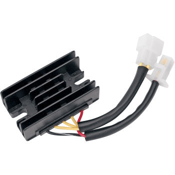 Black rectangular aluminum Arctic Cat regulator/rectifier with cooling fins and two black cables ending in white plastic.