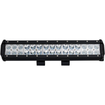 The Rivco Products 18" LED Light Bar features multiple small round LEDs arranged in two rows, housed in black. It offers universal fit and IP67 waterproofing for reliable front-facing performance.