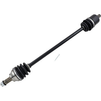 Black metal Polaris RZR front left and right CV axle kit with rubber boots and silver joints.