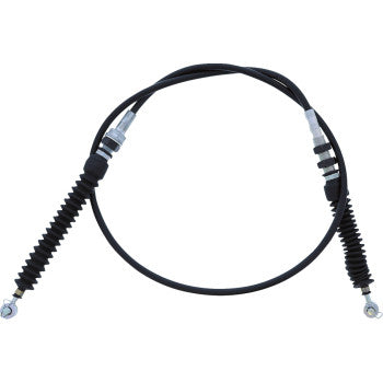 The Can Am Maverick Shift Cable Commander by All Balls is a black automotive cable with metal connectors, accordion-style EPDM rubber components, and a black PVC jacket, arranged in a loop against a white background.