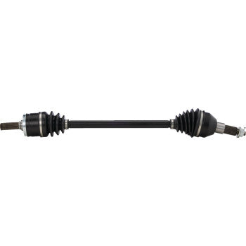 Black metal axle shaft with accordion-style rubber boots on both ends and silver-colored metal joints for Kawasaki Teryx.