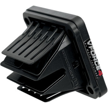 The Yamaha V Force 4 Reed Valve by Vforce Moto Tassinari features multiple angled petals in a black rectangular frame with side branding, designed to boost airflow and performance for high-powered two-stroke engines.