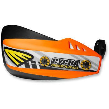 Orange and black Cycra Rebound handguard with white and yellow accents, sturdy plastic construction.