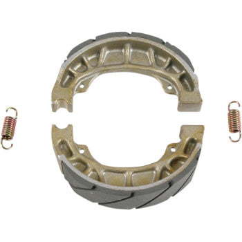 A pair of Ebc Brake Shoes with sturdy metallic linings are arranged in a circular form, featuring two coiled springs on each side, all displayed against a white background.